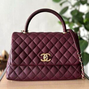 Authentic CHANEL Caviar Lizard Embossed Quilted Small Coco Handle Flap Burgundy